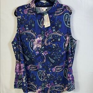 LuLaRoe Floral Paisley Sleeveless Blouse Blue and Purple Size 3X Snap Closure